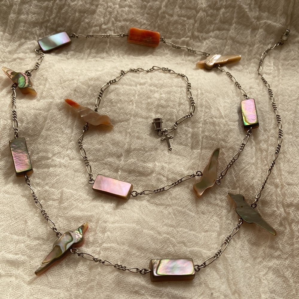 Dainty Handmade Abalone Shell Bird Necklace w/ Cross